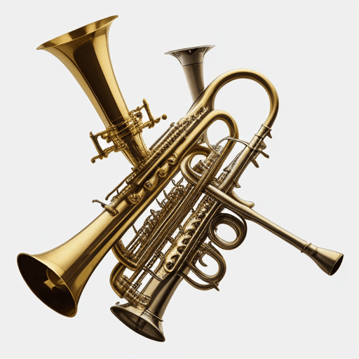 AI generated: an image of two guns that cross in the middle and have a trumpet-shaped brass mouthpiece in cross