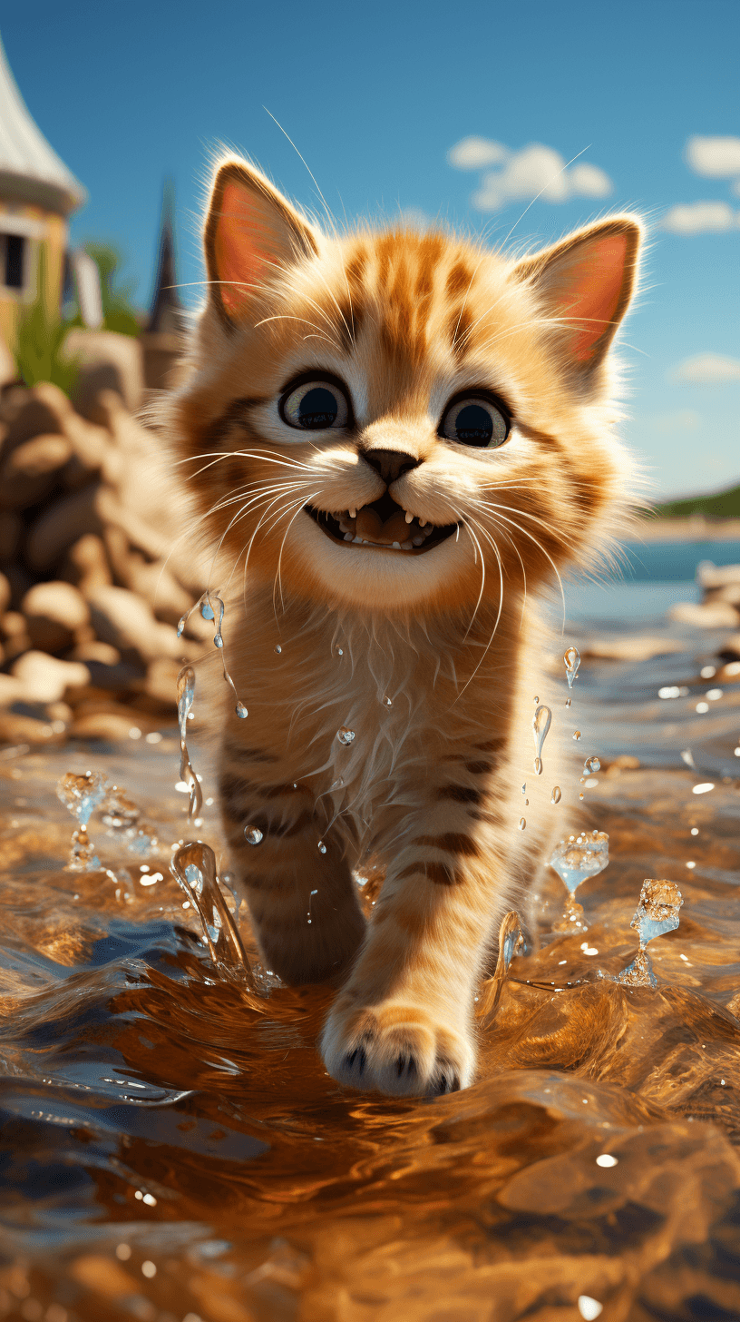 AI generated: A Pixar 3D render of a cat exploring the beach, reminiscent of the animation in "Finding Nemo." The ...