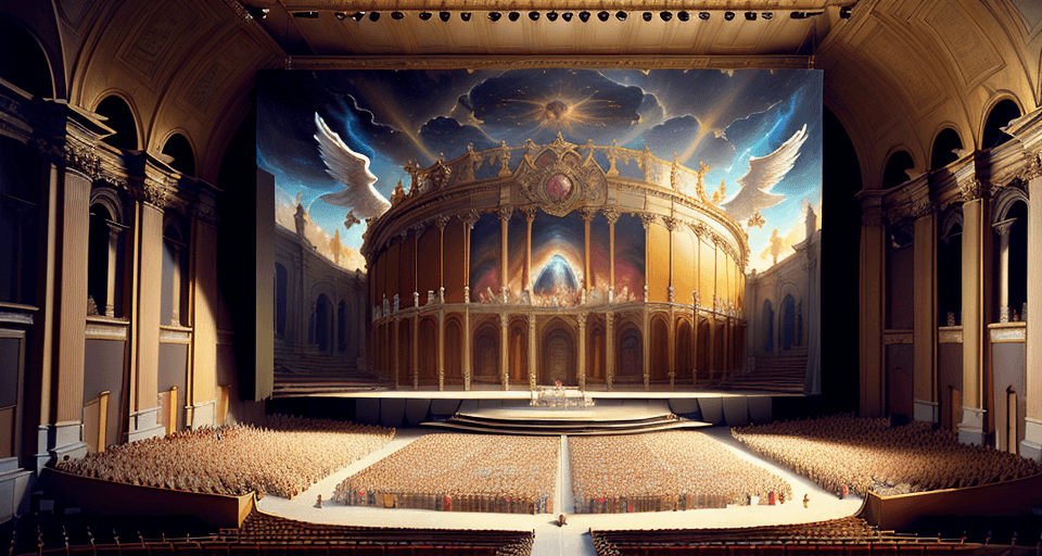 AI generated: a painting of a concert in a large auditorium, a detailed matte painting by Andrea Pozzo, holy, ange...
