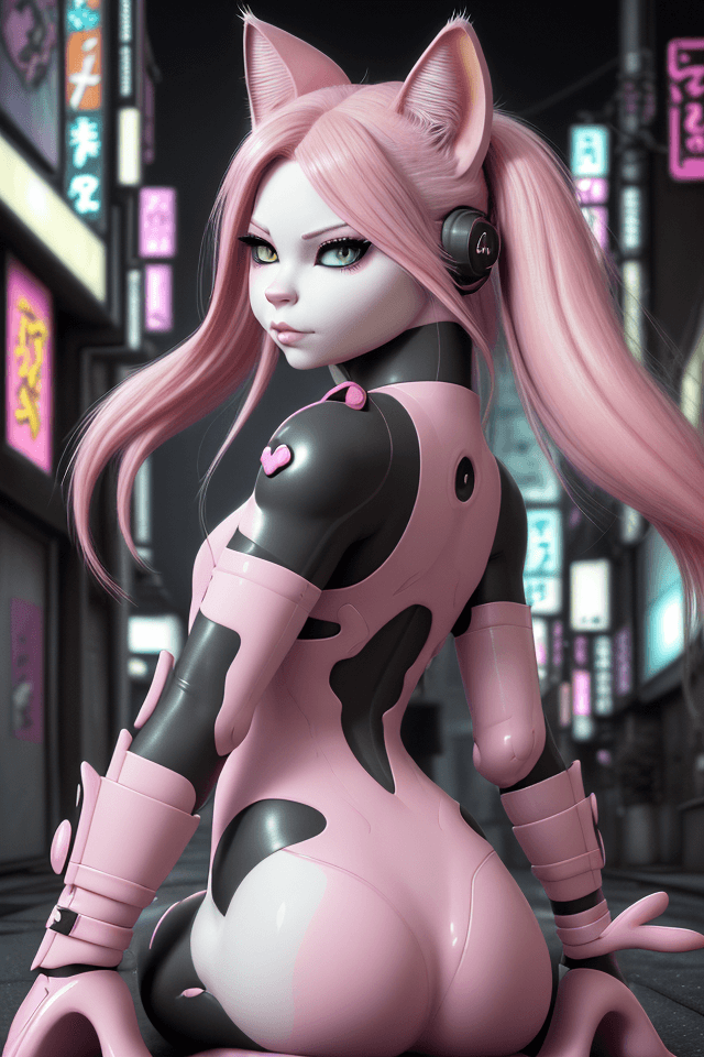 AI generated: Closeup Anthro cat Avril Lavigne (ultra-detail) in neo-Tokyo with catlike nose, pink catlike nose, f...