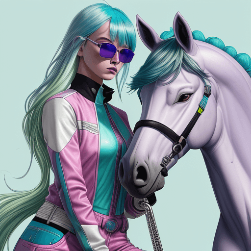 AI generated: a girl with blue hair and sunglasses in colorful colors  in equestrian uniform washes a silver unico...