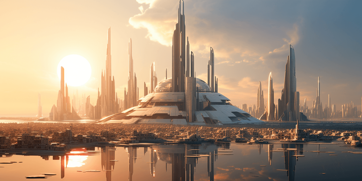 AI generated: A futuristic city with white buildings and towers on the coast, in the style of Ralph McQuarrie. --a...