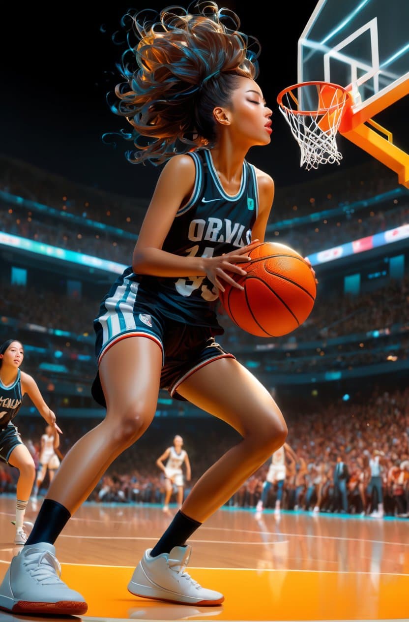 AI generated: a ultradetailed beautiful panting of a woman dribbling a basketball, by conrad roset, greg rutkowski...