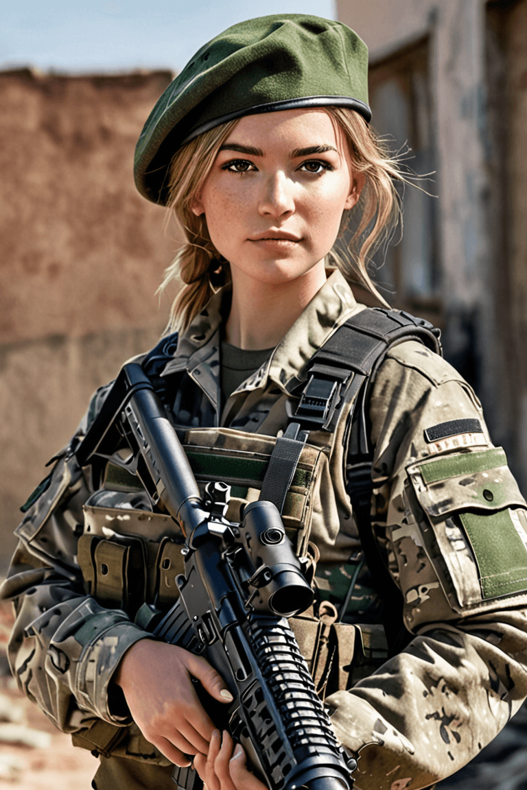 AI generated: A (pretty|attractive) young female Army soldier in a (camouflage) combat uniform and a beret. She ho...
