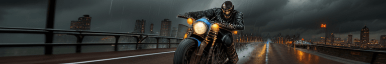 AI generated: wolverine, panoramic, wide angle, low angle action photography of steampunk man riding motorbike, mo...