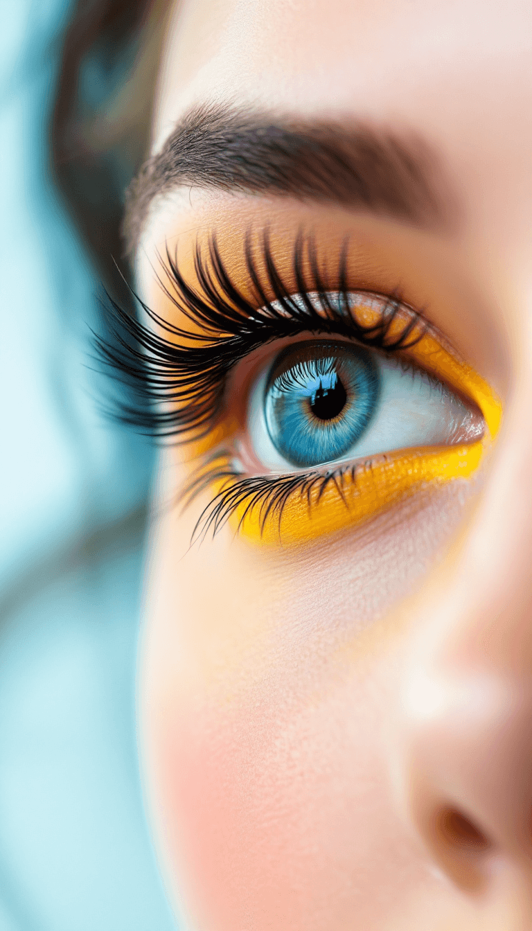 AI generated: A woman's eye is shown with the focus on her eyelashes, which appear to be lengthened with bright ye...
