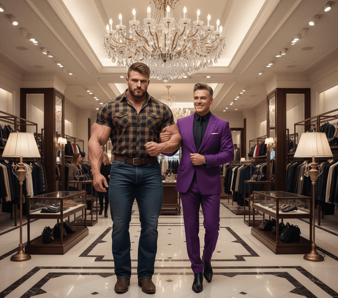 AI generated: At a very luxurious clothing department store. Chandelier and fancy floor lamps. 

The bodybuilder...