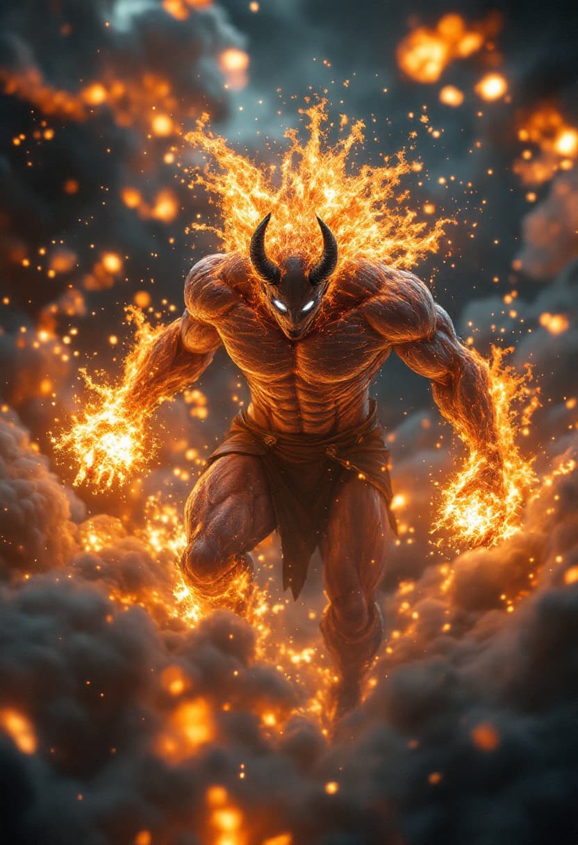 AI generated: God of Combustion and Implosions full-body, Etherial, muscular, Glowing white eyes, epic, cinematic,...