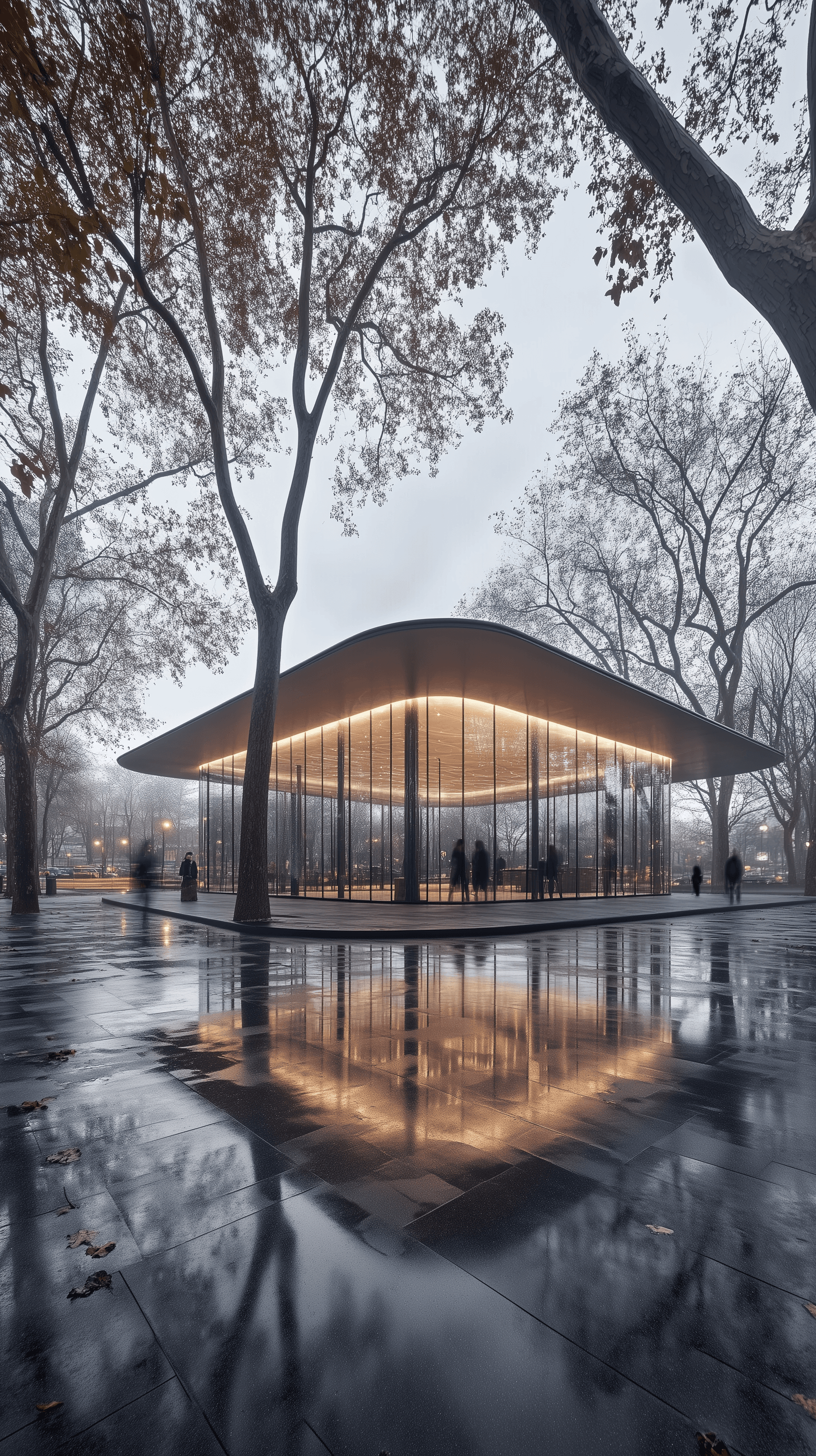 AI generated: modern minimalist architecture, contemporary pavilion design, symmetrical curved structure, panorami...