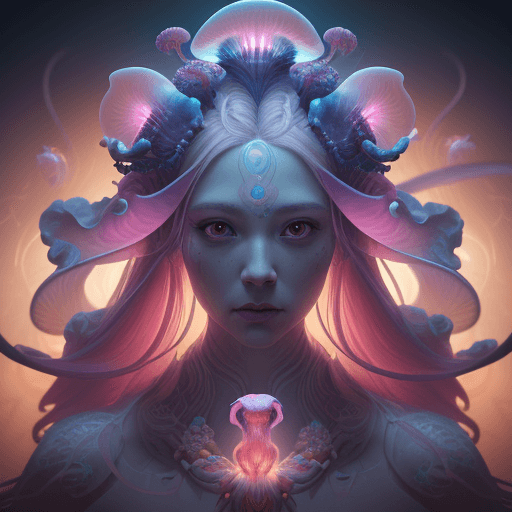AI generated: Goddess close-up portrait ribcagel. jellyfish phoenix head, nautilus, orchid, skull, betta fish, bio...