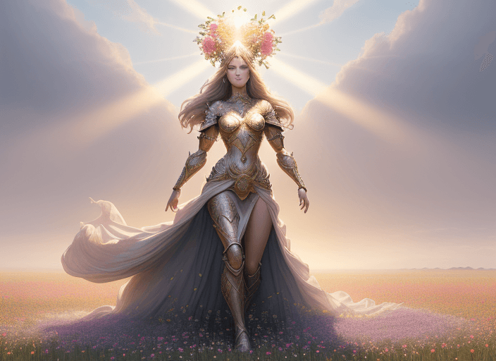 AI generated: hyperrealistic full length portrait of gorgeous goddess | standing in field full of flowers | detail...