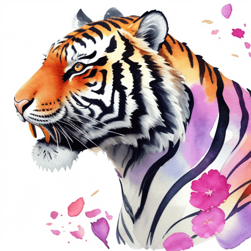 AI generated: ( watercolor \(medium\),    IrisCompiet:1.2),<lora:IrisCompietStyle:0.9>, side view of a tiger with ...