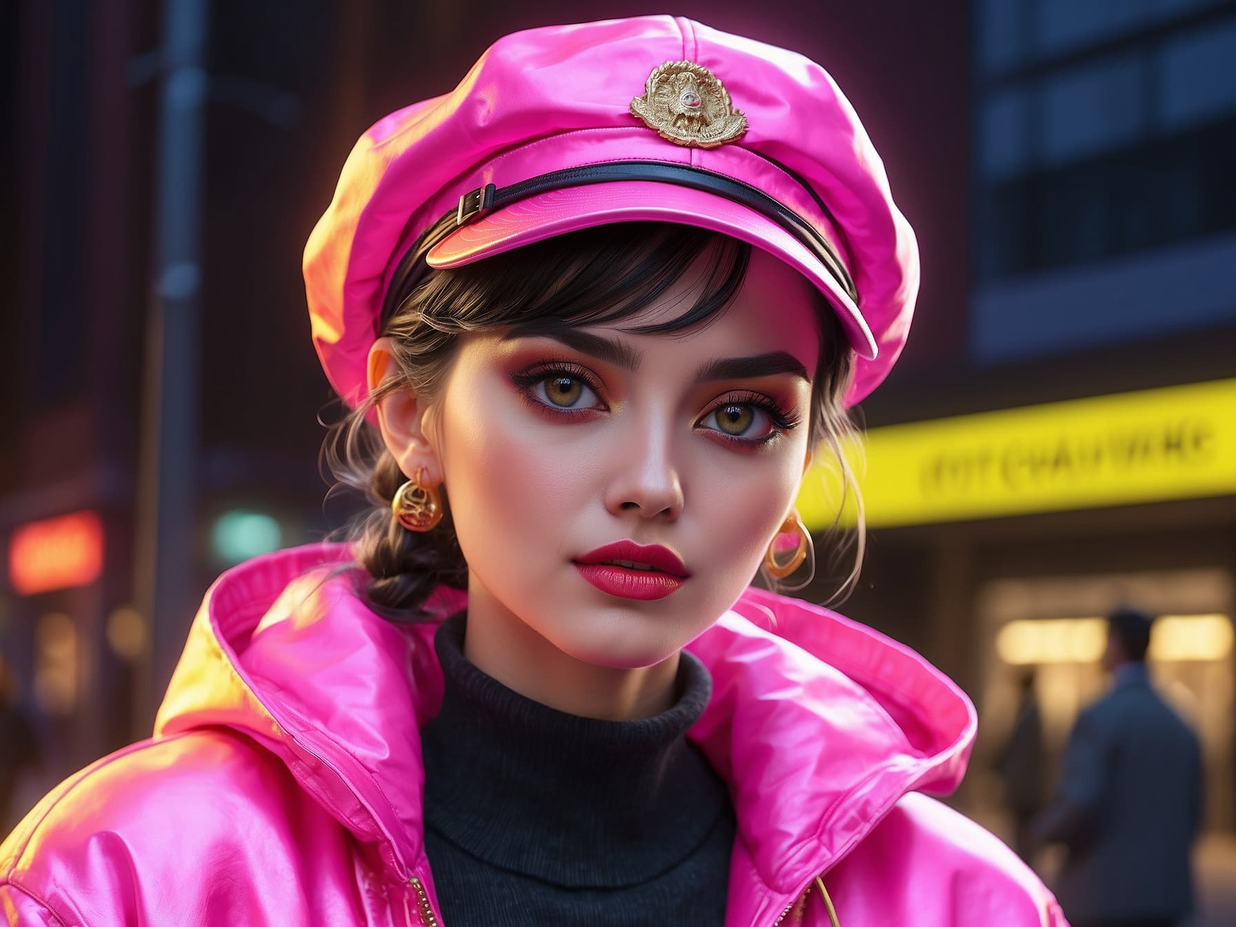 AI generated: a close up of a person wearing a pink hat, a character portrait by senior character artist, featured...