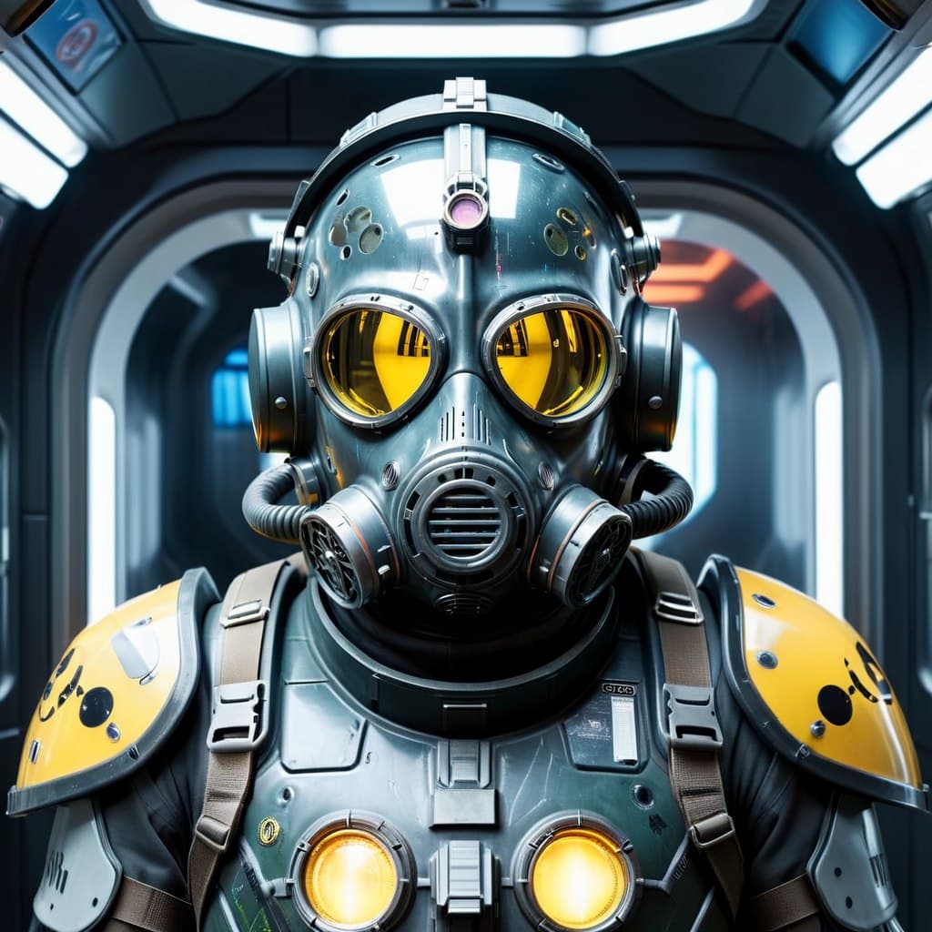 AI generated: epic realistic, ultra-detailed cyborg in a space station, gas mask-like armor design, dark army patt...
