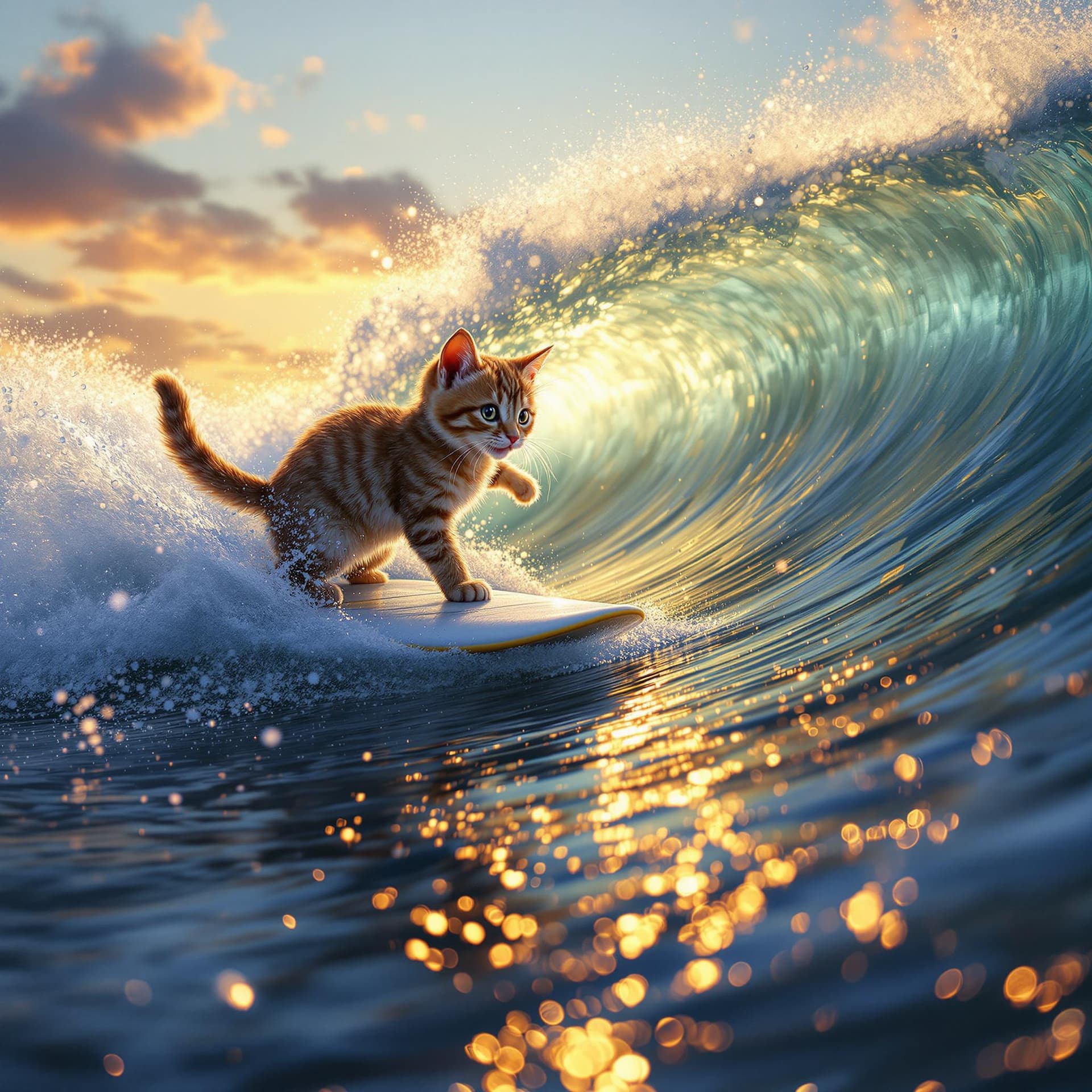 AI generated: photorealistic 32k, baby cat surfing a wave, cinematic lighting, sunset 
