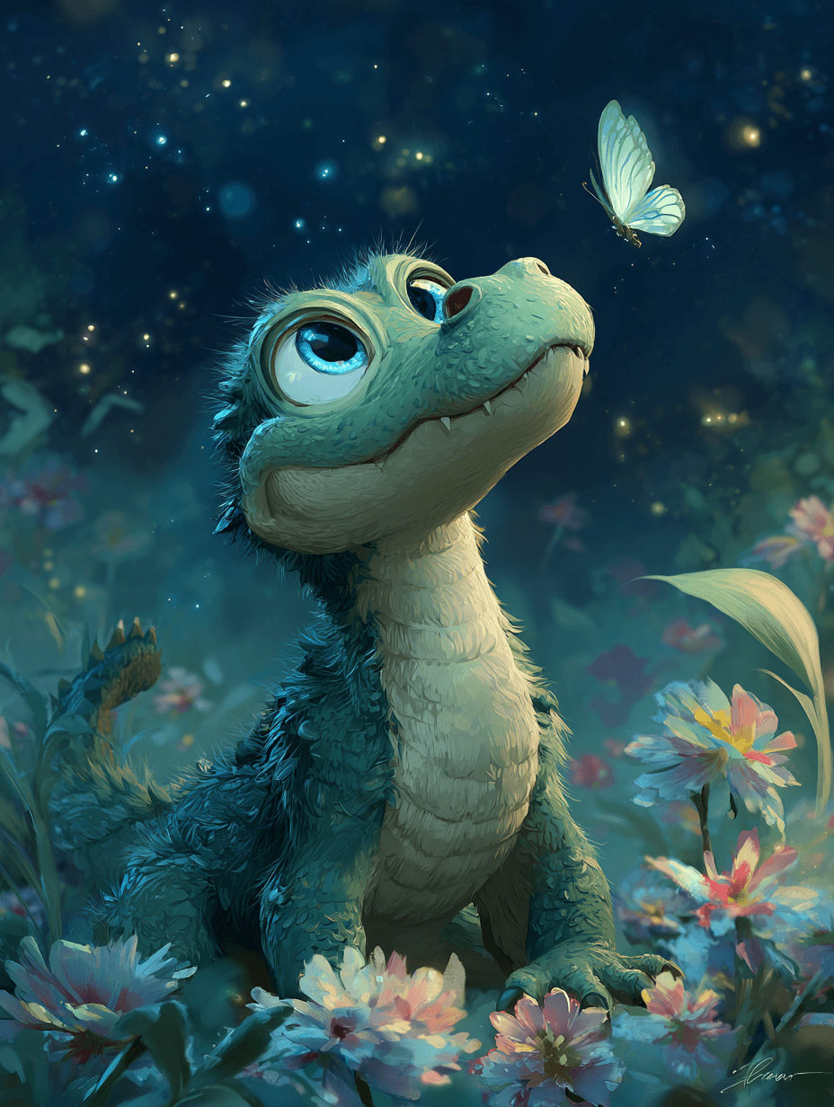 AI generated: A cute baby alligator with big blue eyes and long eyelashes, looking up at the stars in awe as it si...