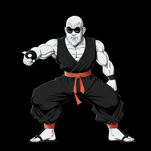 AI generated: a manga drawing of Raven Master Roshi FROM DRAGON BALL Z, full body shot, , in the style of Akira To...