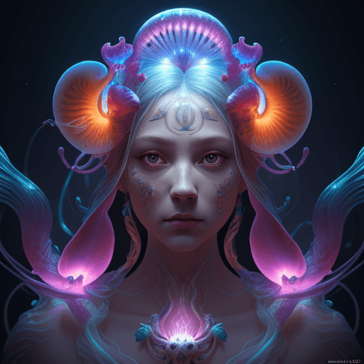 AI generated: Goddess close-up portrait ribcagel. jellyfish phoenix head, nautilus, orchid, skull, betta fish, bio...