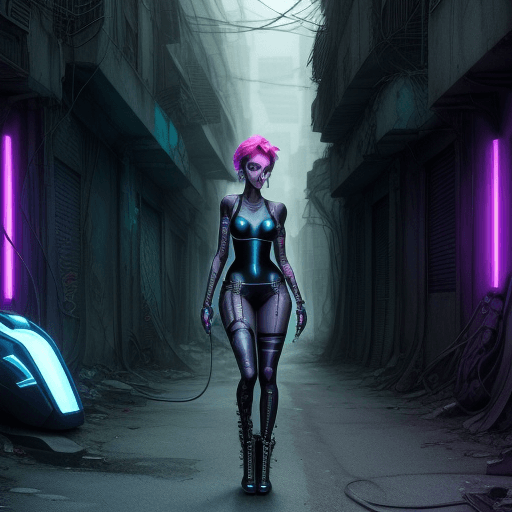 AI generated: Sexy punk in a dirty Ghetto street,,ruins,tron, bioimplants,cable come out of her body