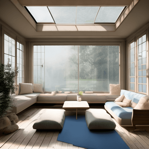 AI generated: High resolution photography interior design, dreamy sunken living room conversation pit, wooden floo...