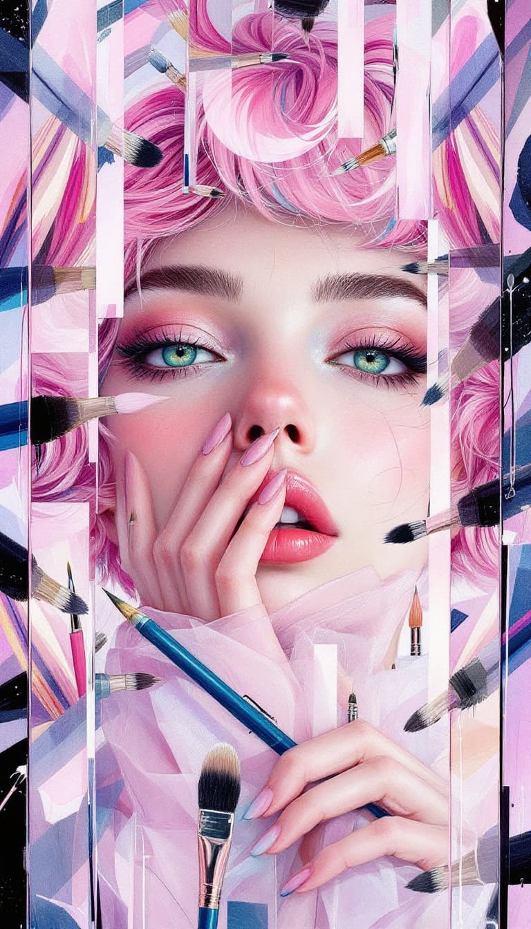 AI generated: "Rose Quartz Muse in a Mirrored Labyrinth": A captivating abstract painting portrays a muse, exuding...