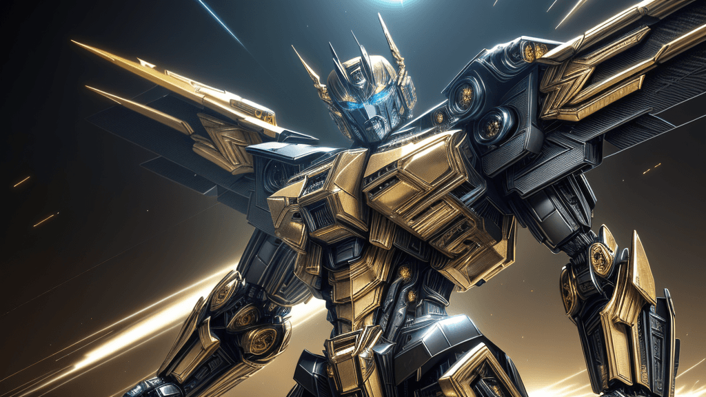 AI generated: Transformers, Intricate Detail, Metal texture, Black and gold Mecha, Dynamic Pose, Blue eyeballs, Bl...