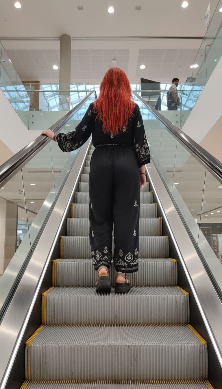 AI generated: 
Worms eye view from behind a confident, ultra lliberated, red hair caucasian woman going up an esc...