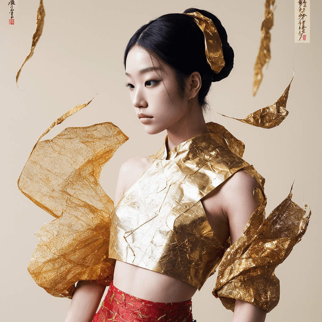 AI generated: fashion photo of woman covered in golden powder,wearing polygonal croptop made of crumpled foil ,gli...