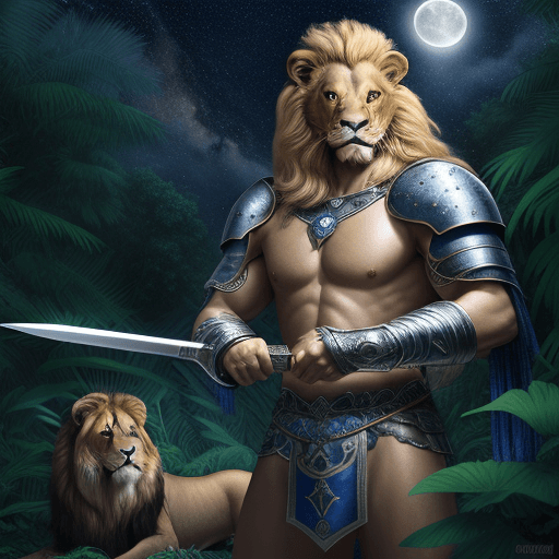 AI generated: Lion, blonde warrior holding a silver and sapphire spear in a jungle, moonlit, starry sky, 4k, reali...