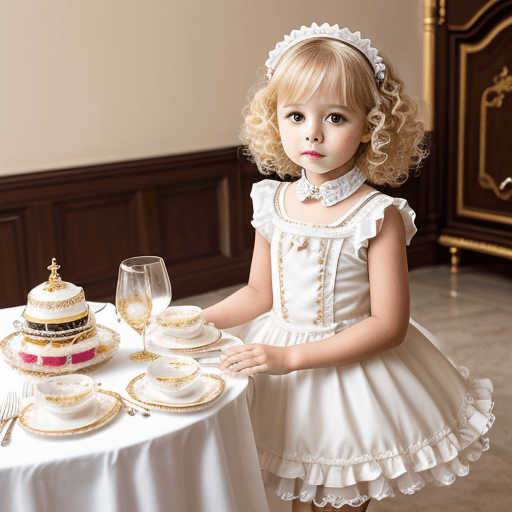 AI generated: Blonde curly short hair,very heavy suntanned skin ,Little smallkid, 5-7 years old maid costume,intri...