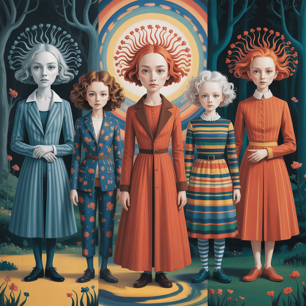 AI generated: USING DDG MODEL DAVINCI2, IMAGINE: A surreal artwork featuring five stylized figures in striking out...