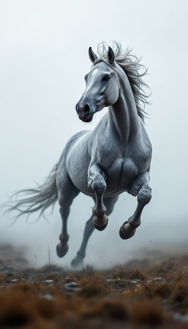 AI generated: field with no threes. a lot of fog. dynamic pose editorial image full body. realistic running gray s...