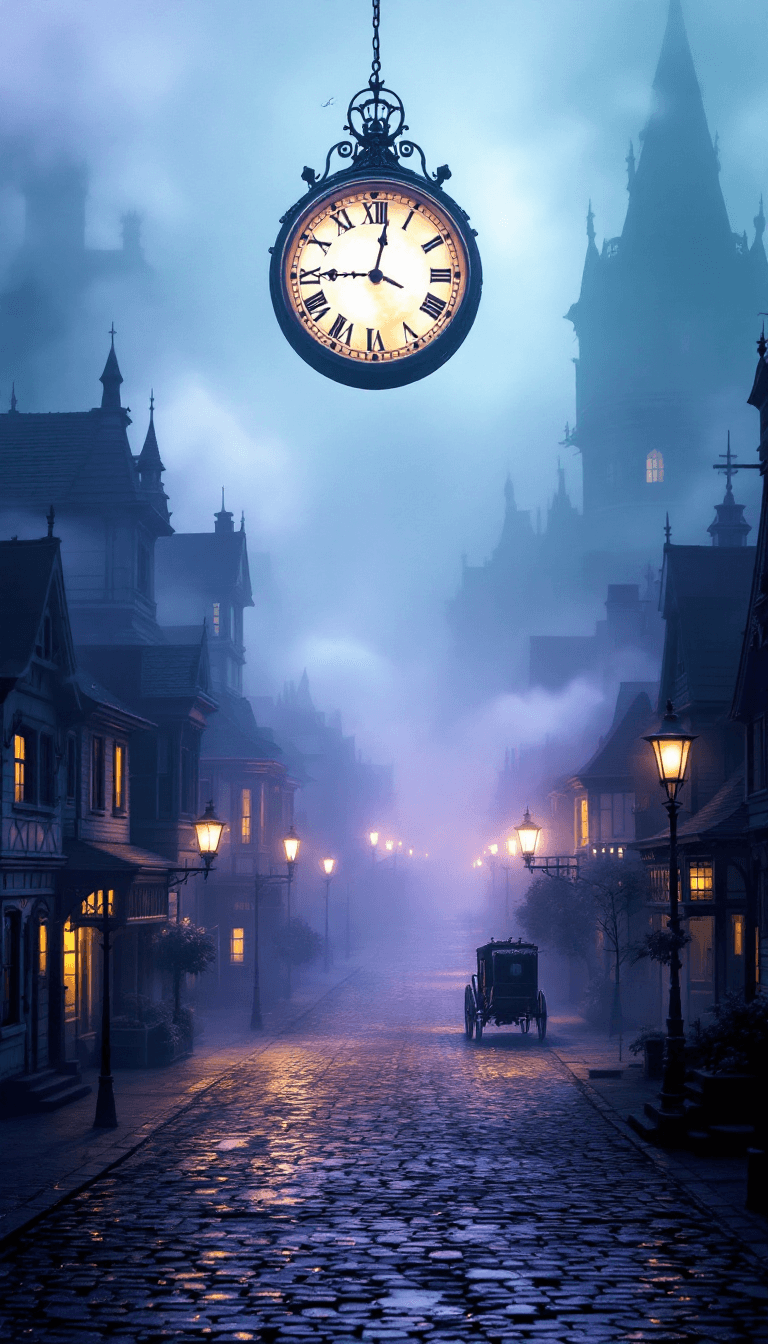 AI generated: A dreamlike, painterly scene of a Victorian-era town at the break of dawn, viewed from a high, surre...