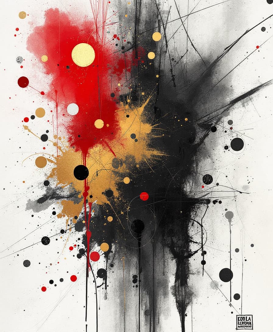 AI generated: an abstract painting by La Llorona, charcoal details and cross-hatching with random splashes of colo...