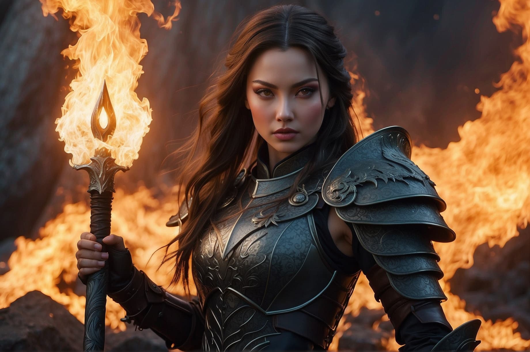 AI generated: Realistic women with black scary armor, Holding fire Sword, human face, long hair, perfectly detaile...