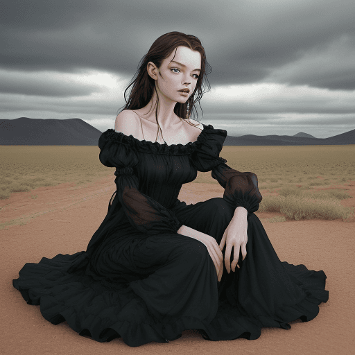 AI generated: a woman sitting on top of a lush green field, emaciated black evening gown, ffffound, mackenzie foy,...