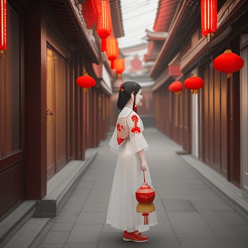 AI generated:  girl stands in a red flower surrounded street, in the style of chinese cultural themes, romantic an...