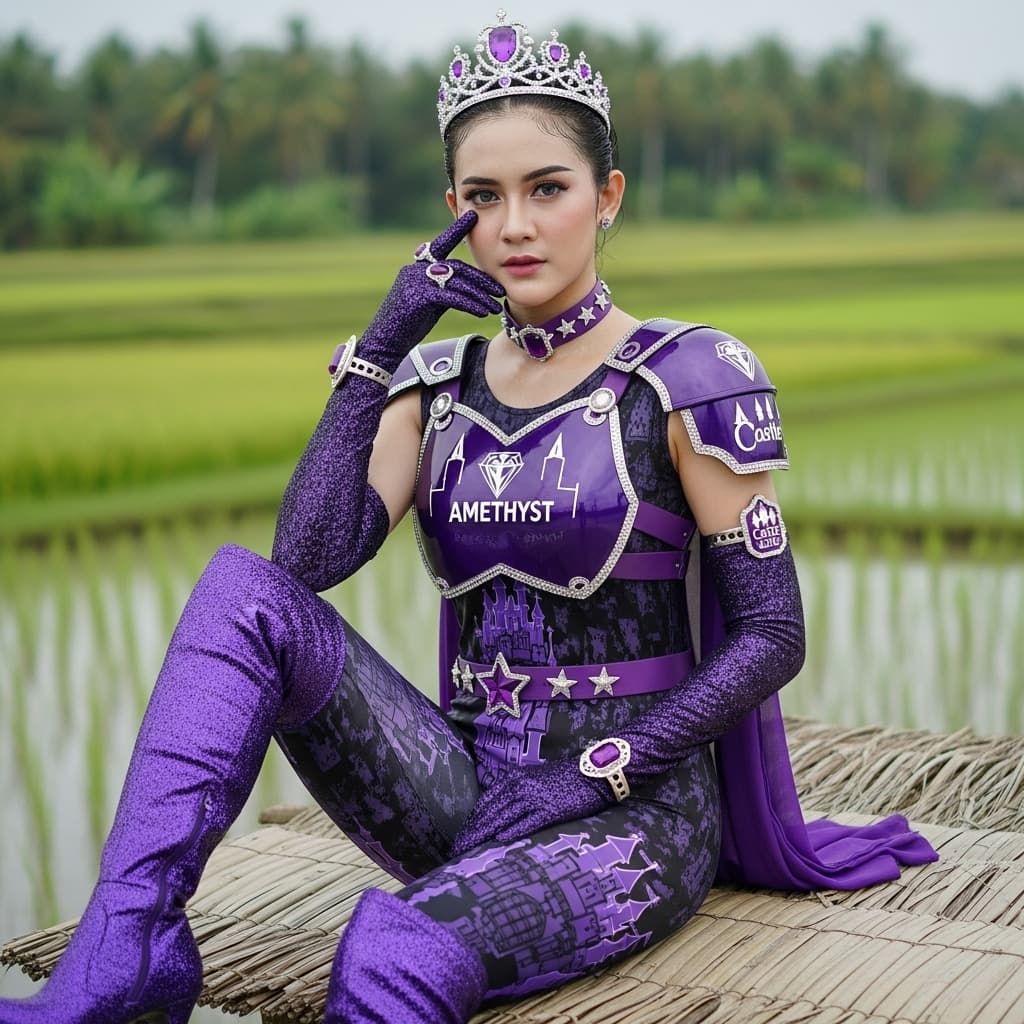 AI generated: Indonesian female, fullbody leotard dark violet with dark crumble castle motifs suit, dark violet lo...