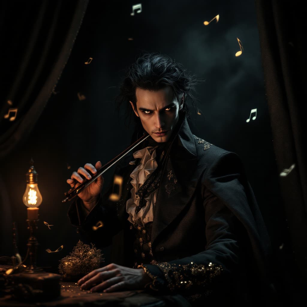 AI generated: Create a hyperrealistic image of Niccolò Paganini, the famous 19th century violinist. He must be rep...
