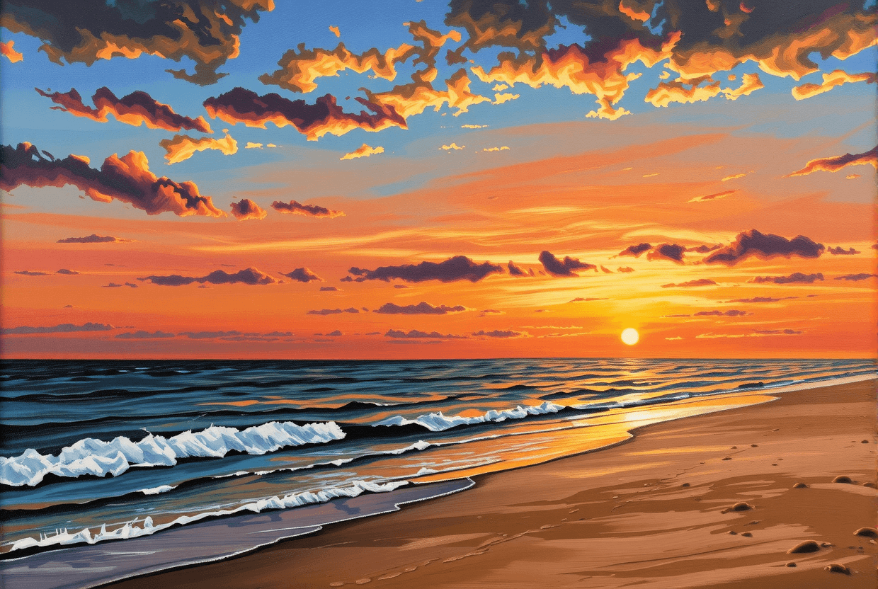 AI generated: sunset at the beach, impressionist painting, thick brush strokes