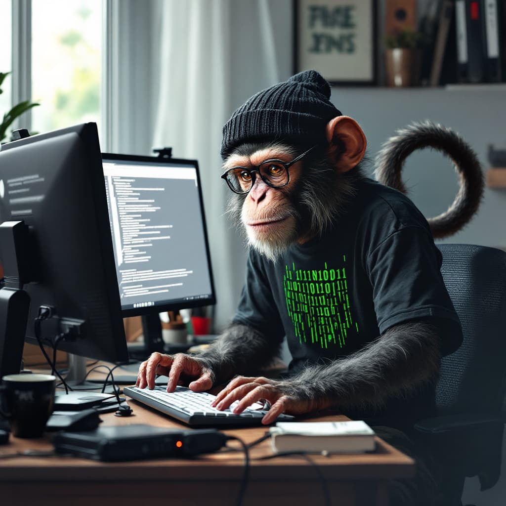 AI generated: An adolescent fashion look hipster male programmer serious thoughtful monkey in a graphic T-shirt wi...