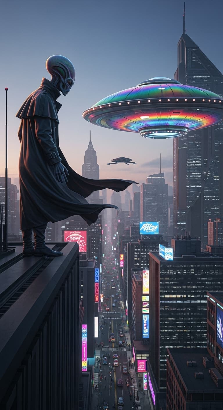 AI generated: an alien watching humans from a tall building