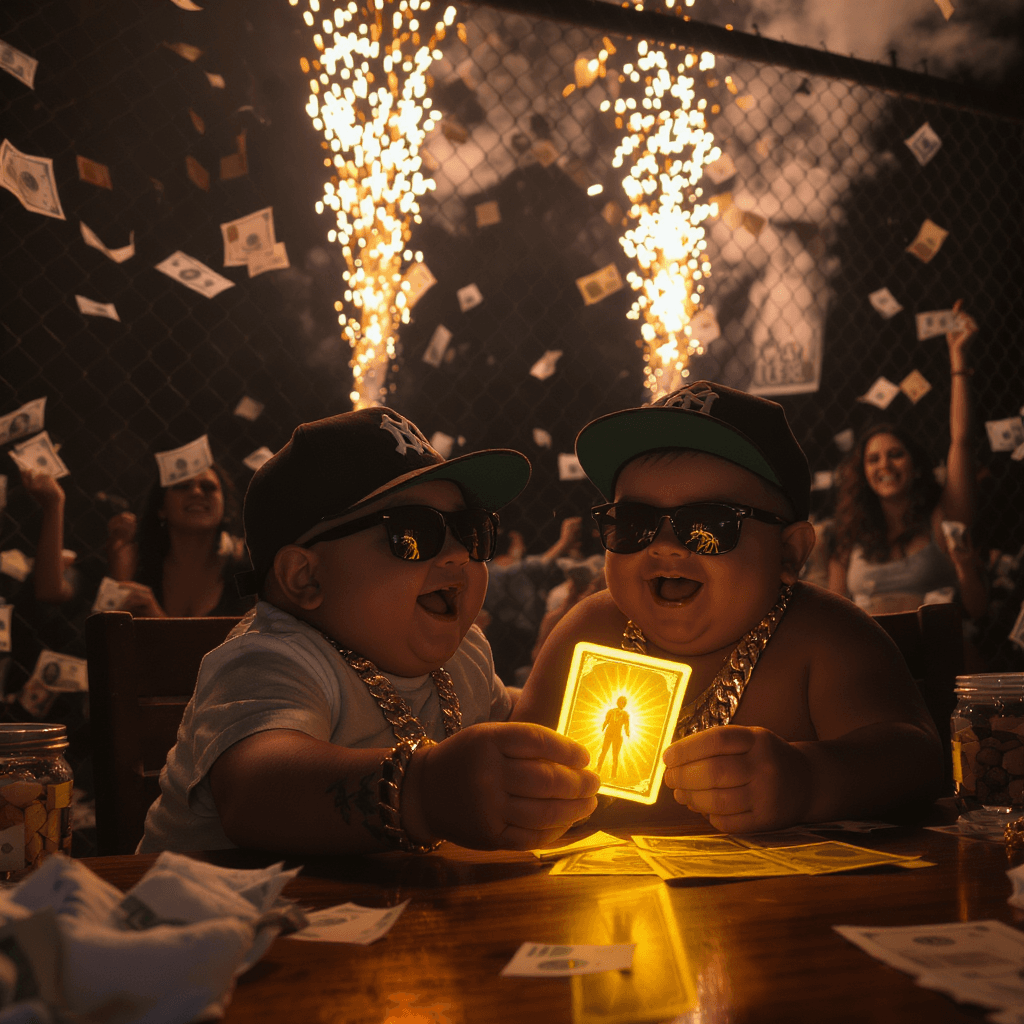 AI generated: TWO LITTLE FAT MEXICAN WHITE 4 YEAR OLD BABYBOYS WITH SUNGLASSES  SITTING ON THE TABLE, FULL OF JOY,...