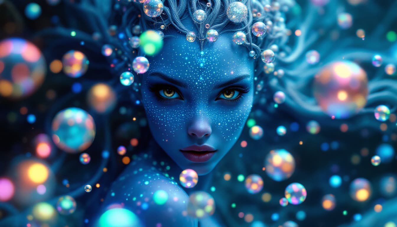 AI generated: Surreal 4k painting of an alien princess with expressive brown eyes and cosmic features. Her skin ap...