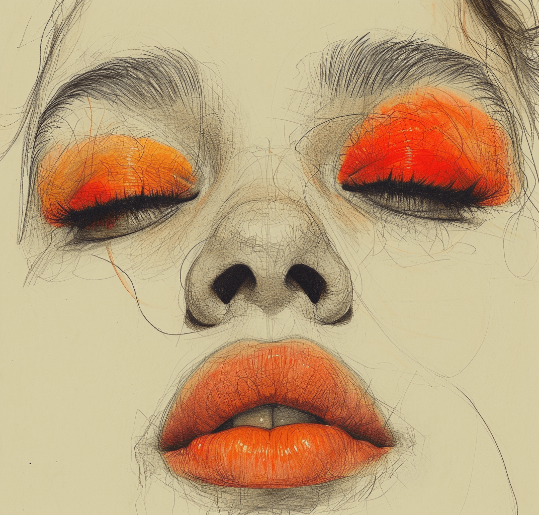 AI generated: a drawing of a woman's face with a red eyeshadow, in the style of bold colorful lines, dark beige an...