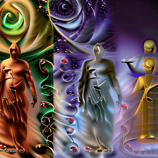 AI generated: raytraced render and digital painting of humans transforming into ethereal modest biological gods we...