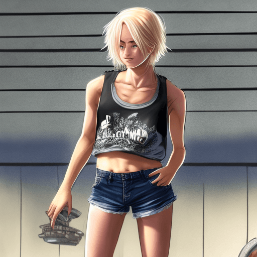 AI generated: blonde hair , black tank top, lifting shirt up,  shorts, standing in public, (highly detailed clothe...