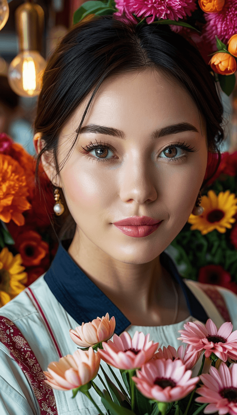AI generated: A waist up image of young beautiful florist  in a market close up, subdued, tested of time, trending...