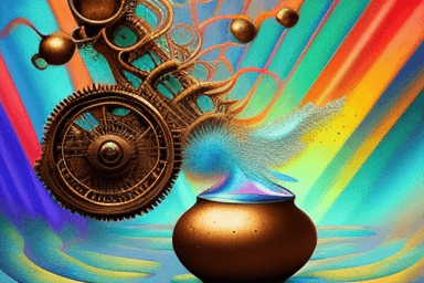 AI generated: digitally creative psychedelic collage, steampunk, alchemist, colorful explosions, serge marshenniko...