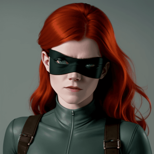 AI generated: Rose Leslie wearing a blindfold, dressed as Kim Possible